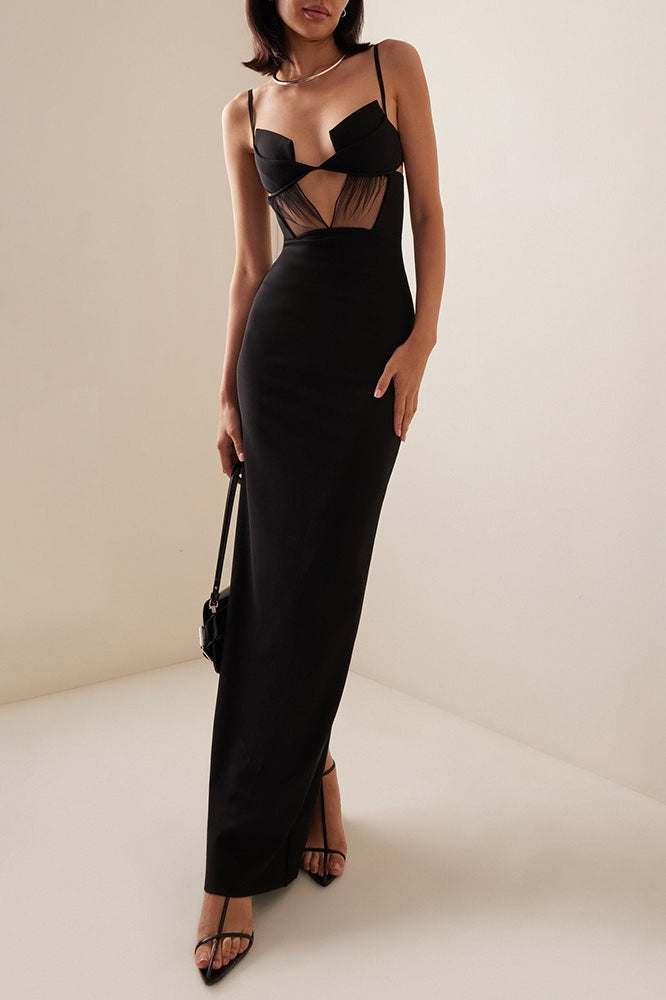 Ärmelloses Maxikleid mit Netzdetails in Schwarz mit V-Ausschnitt
