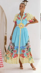 Damen Maxikleid mit Blumenmuster und Gürtel
