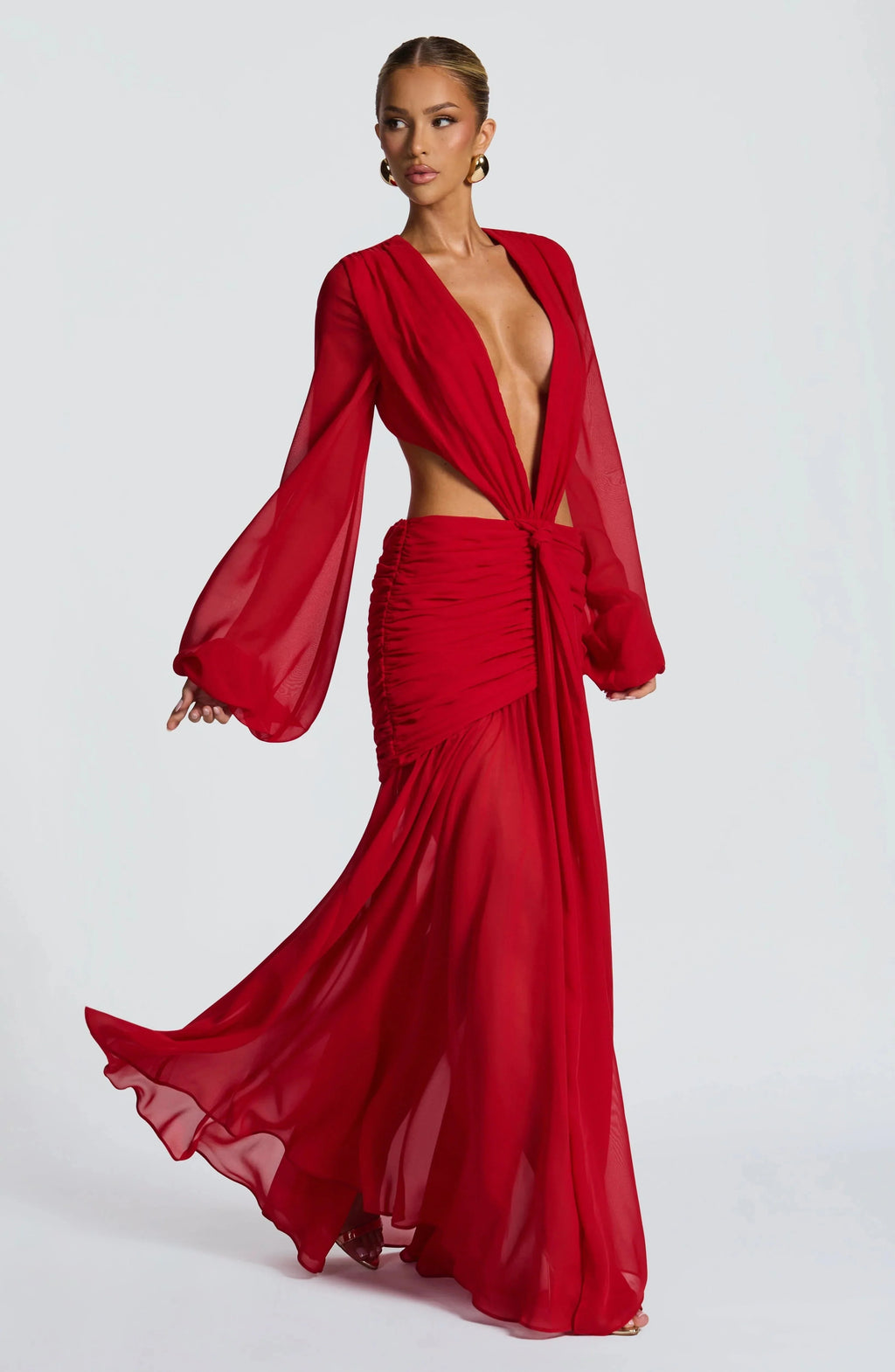 Damen Abendkleid mit tiefem V-Ausschnitt und Raffungen