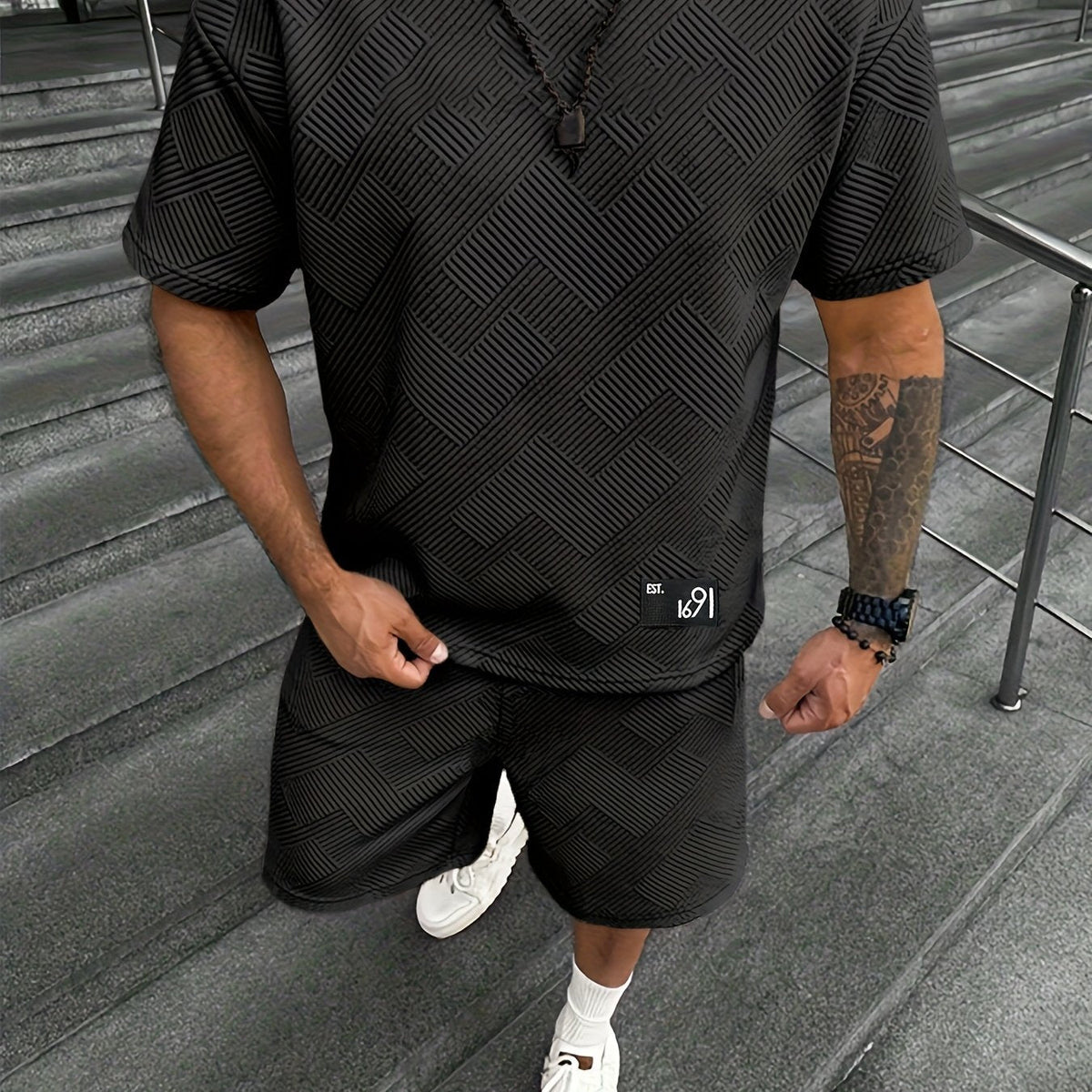Herren Modisch Jacquard T-Shirt und Shorts Set – Lässig und Sportlich für Warme Tage