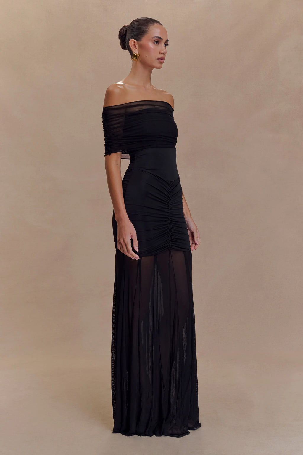 Damen Maxikleid mit Carmen-Ausschnitt und Raffungen