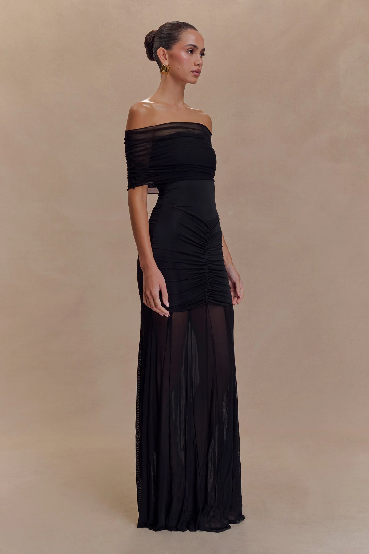 Damen Maxikleid mit Carmen-Ausschnitt und Raffungen