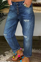Low-Rise Straight-Leg-Jeans mit Used-Look und Knopfleiste