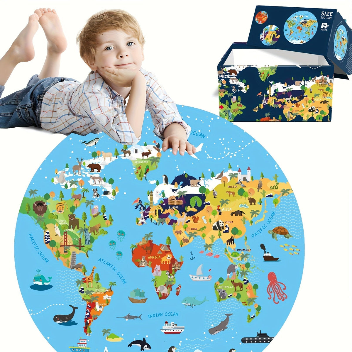 70-teiliges Tierbodenpuzzle: Rundes Weltkarten-Design für Kinder