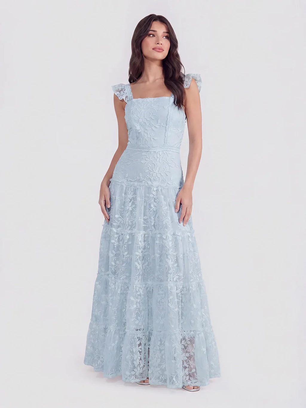 Spitzen-Maxikleid mit eckigem Ausschnitt und Volants