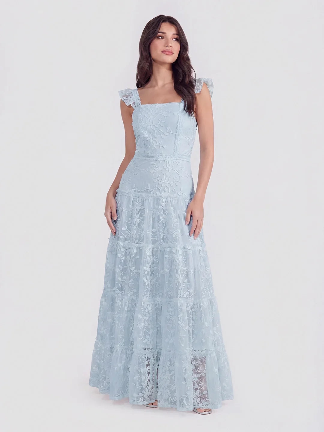 Spitzen-Maxikleid mit eckigem Ausschnitt und Volants
