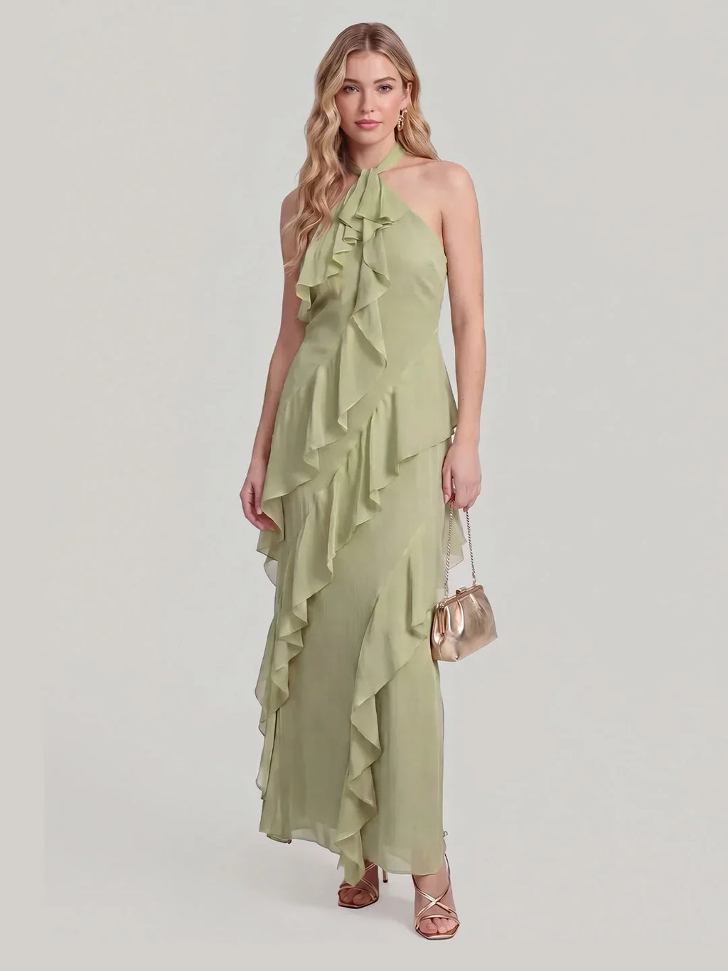 Maxikleid mit Neckholder und Rüschen
