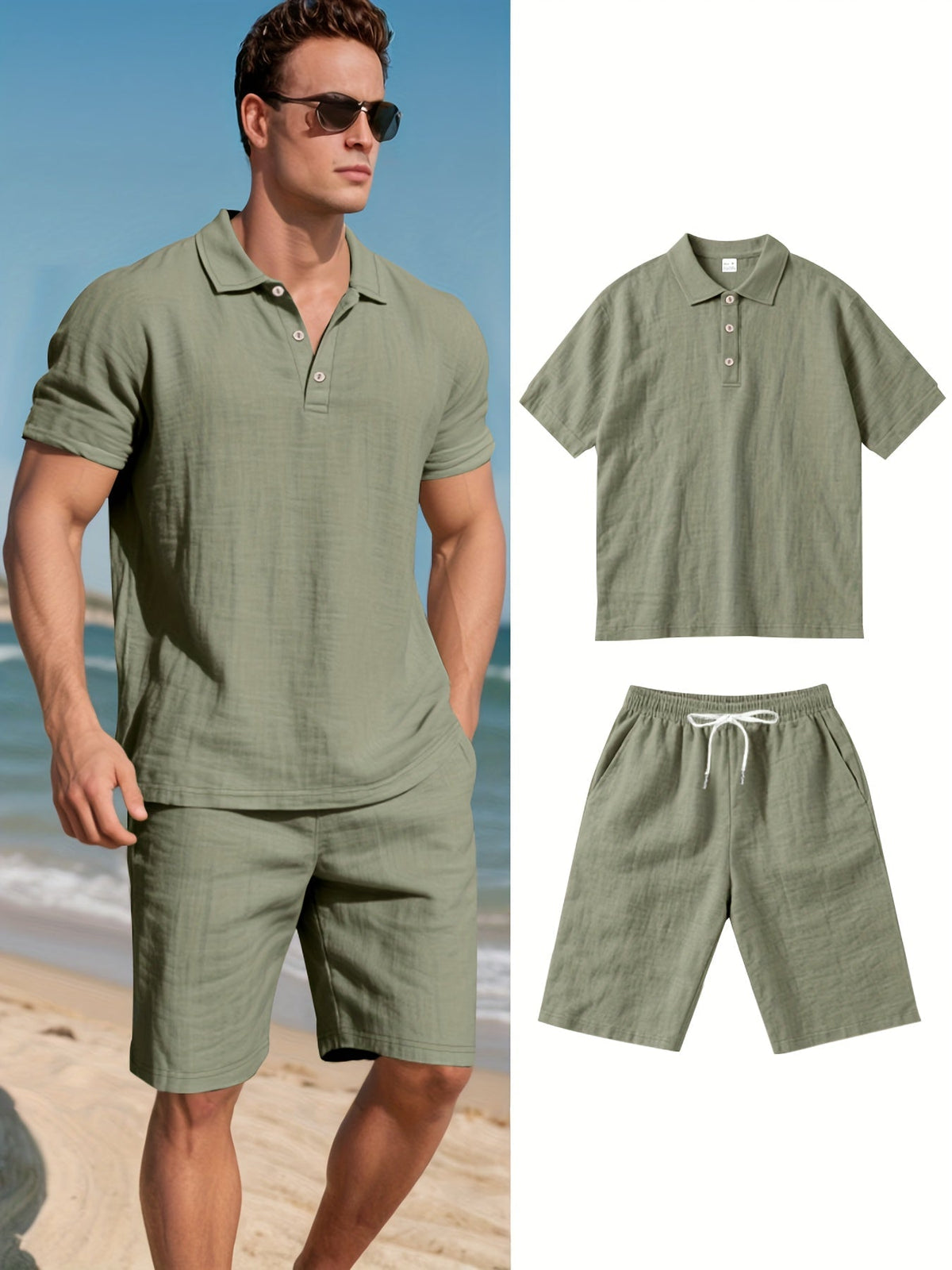 Herren Leinen Polo sowie Shorts Set – Bequem und Lässig für Warme Tage