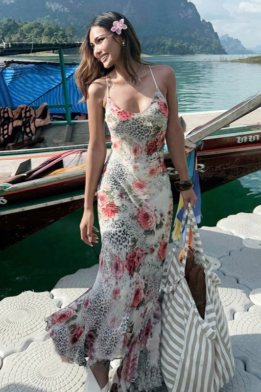 Rückenfreies Maxikleid mit Blumenmuster und Leopardenmuster