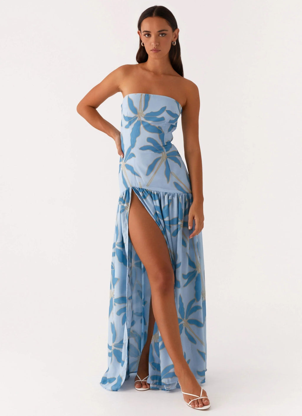 Damen Bandeau-Maxikleid mit Blumenmuster und Beinschlitz
