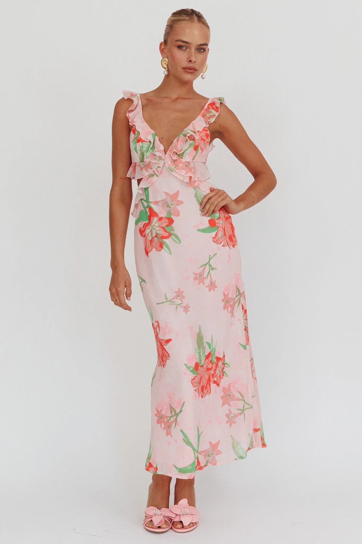 Maxikleid mit V-Ausschnitt und Rüschen