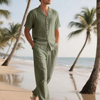 Herren Lässig Leinen Set – Bequem und Luftig mit Langer Hose und Kurzen Ärmeln