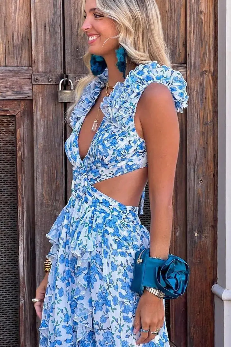 Kleid mit V-Ausschnitt, Blumenmuster und Rüschen