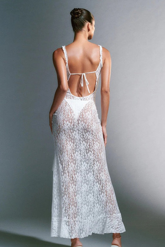 Rückenfreies Maxikleid mit Spitze in Weiß