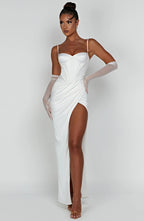 Despina – Satin-Maxikleid mit Beinschlitz und Korsett-Schnürung