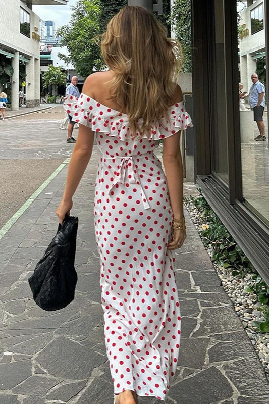 Maxikleid mit A-Linie, Punktemuster und Rüschen