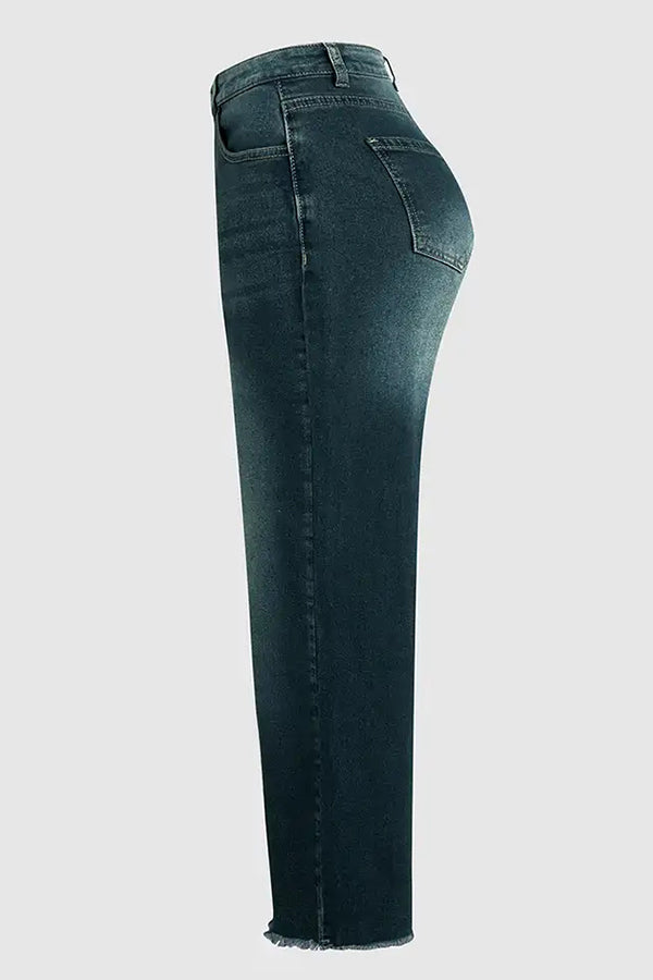 Mid-Rise Straight-Leg-Jeans mit ausgefranstem Saum und aufgesetzten Taschen