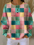 Damen Pullover mit Patchwork-Muster und Knopfdetails