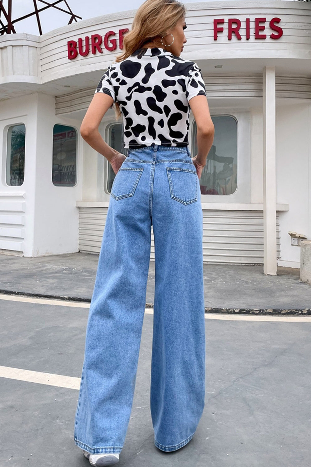 High-Waist Straight-Leg-Jeans mit aufgesetzten Taschen