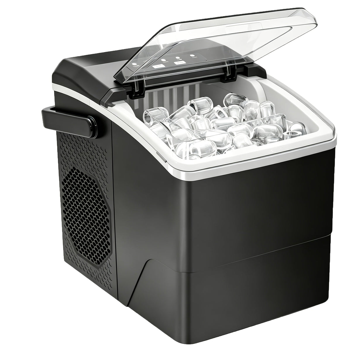 Tragbare Eiswürfelmaschine mit Selbstreinigungsfunktion sowie zwei Eiswürfelgrößen