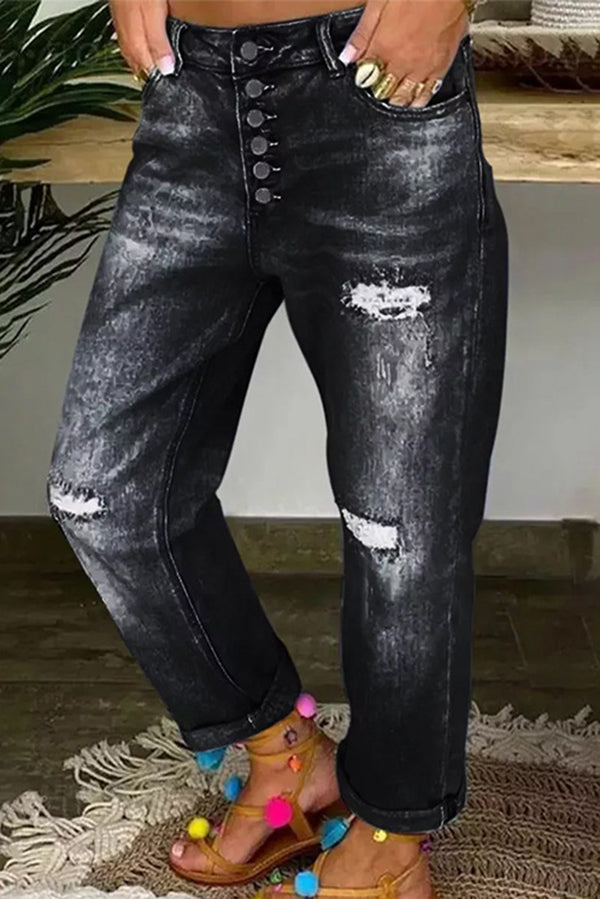 Low-Rise Straight-Leg-Jeans mit Used-Look und Knopfleiste