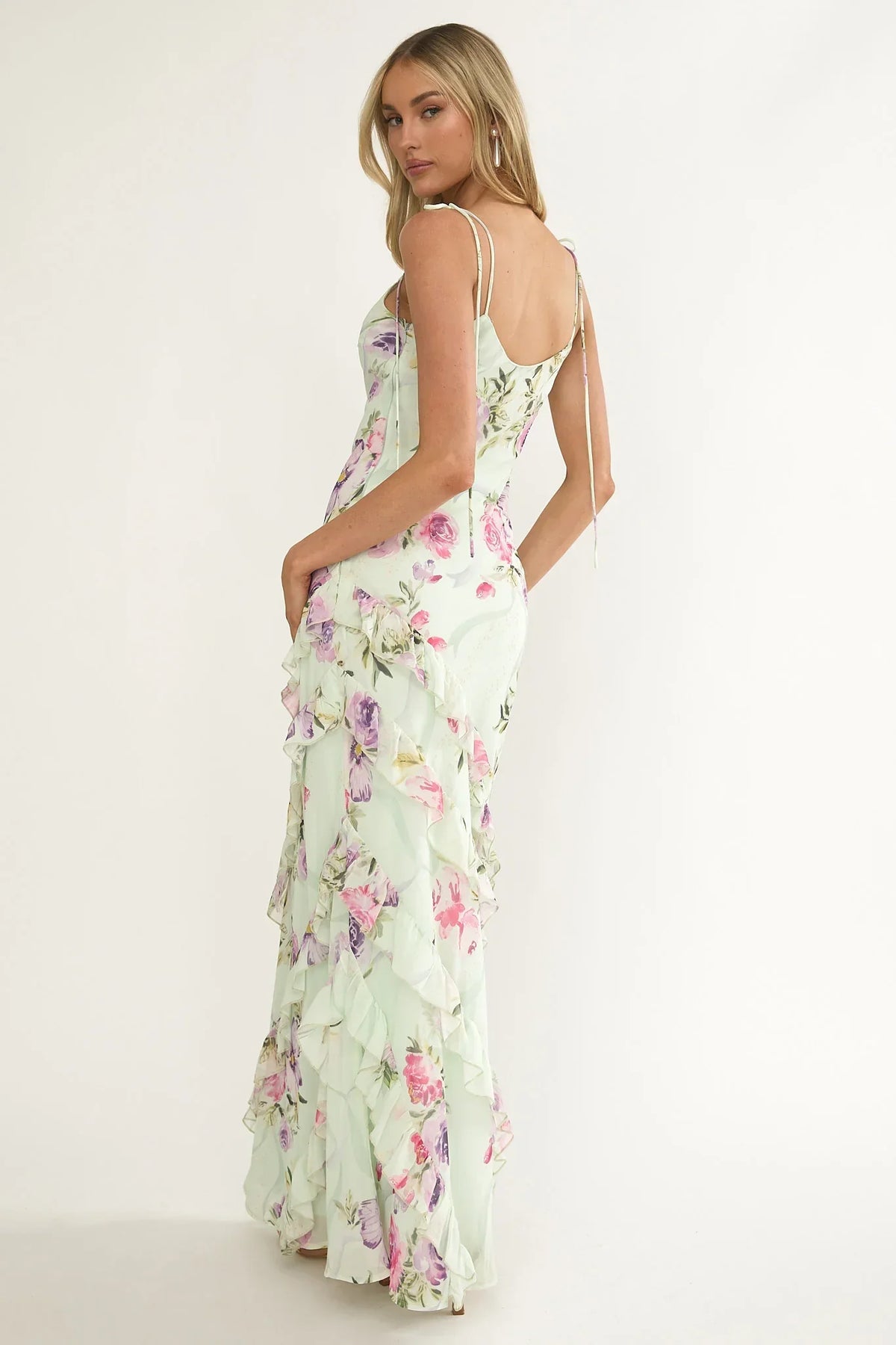 Damen Maxikleid mit Blumenmuster und Volants