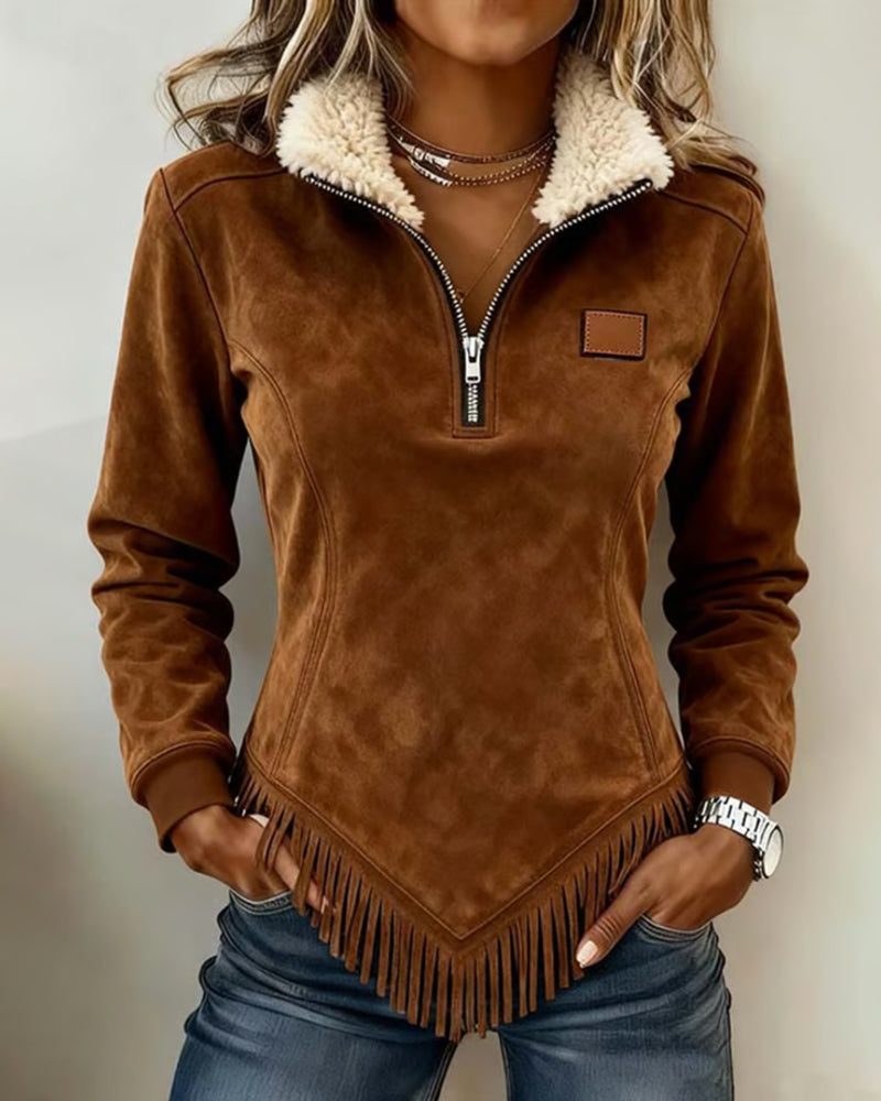 Pullover mit Reißverschluss-Kragen, asymmetrischem Design und Fransenakzenten