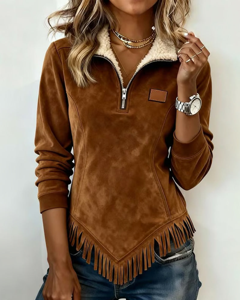Pullover mit Reißverschluss-Kragen, asymmetrischem Design und Fransenakzenten