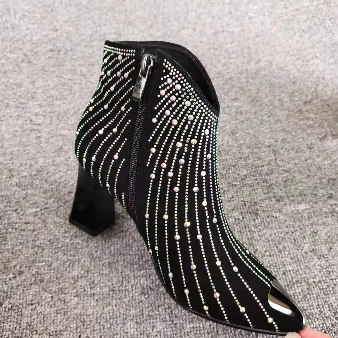 Damen Stiefeletten mit Strass und Blockabsatz