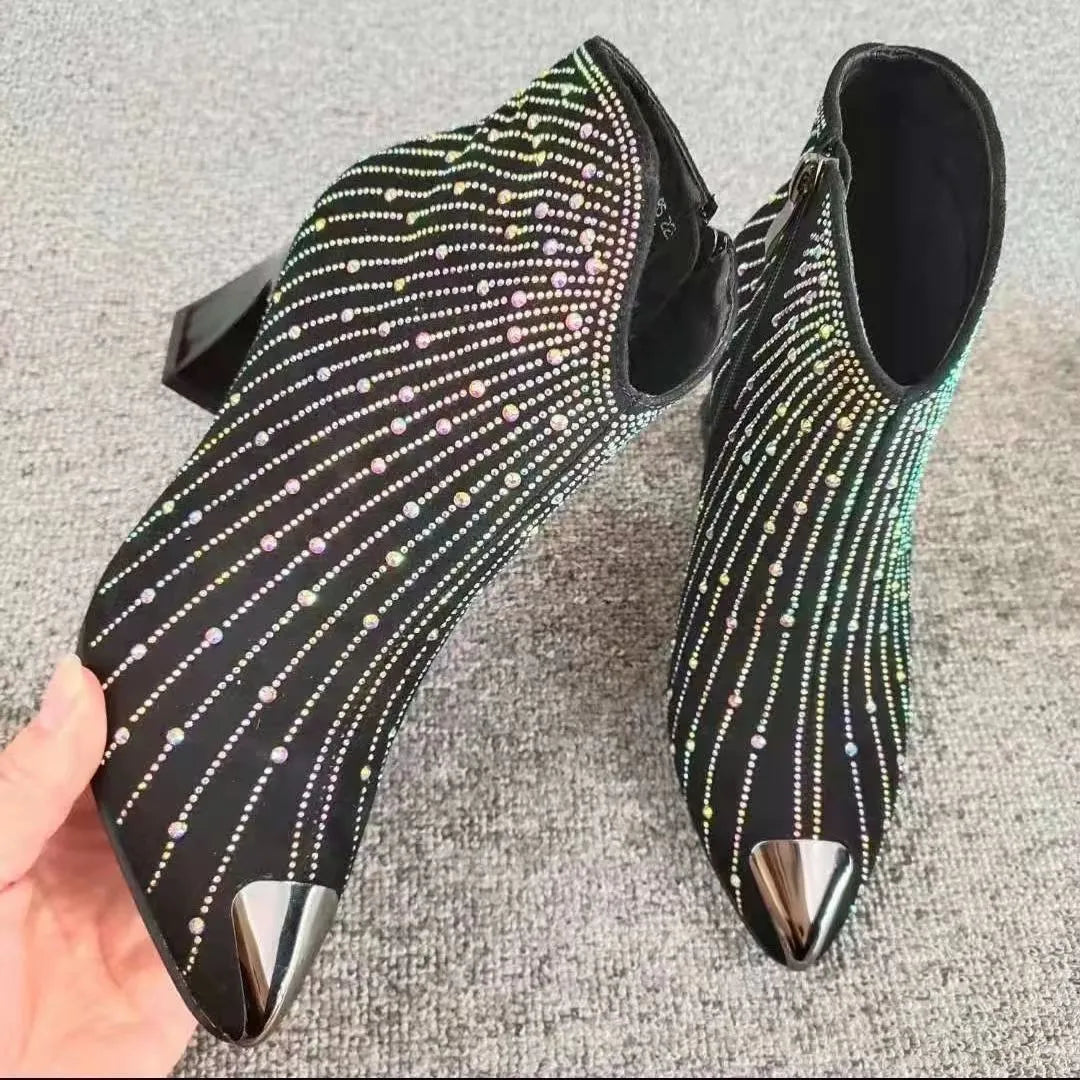 Damen Stiefeletten mit Strass und Blockabsatz