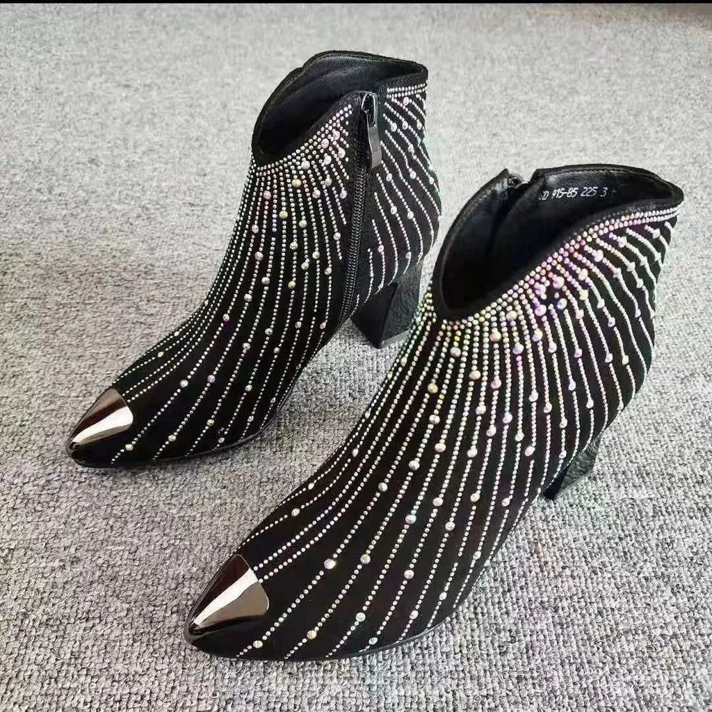 Damen Stiefeletten mit Strass und Blockabsatz