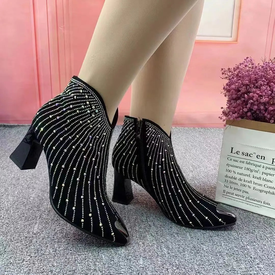 Damen Stiefeletten mit Strass und Blockabsatz