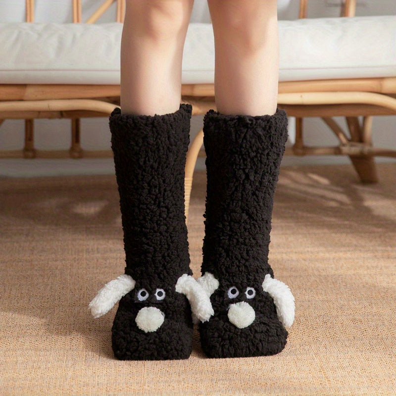 Damen Kuschel Cartoon Hund Wintersocken - Weiche sowie Warme Haussocken mit Niedlichem Tierdesign