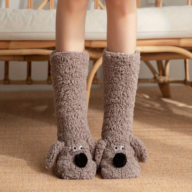 Damen Kuschel Cartoon Hund Wintersocken - Weiche sowie Warme Haussocken mit Niedlichem Tierdesign