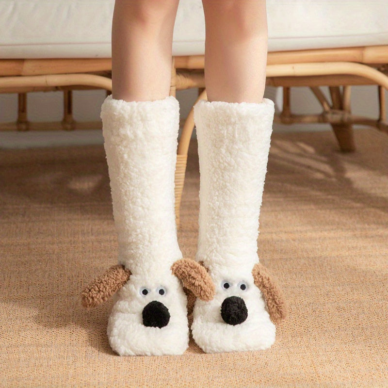 Damen Kuschel Cartoon Hund Wintersocken - Weiche sowie Warme Haussocken mit Niedlichem Tierdesign