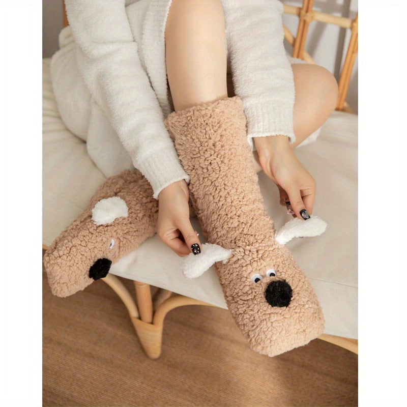 Damen Kuschel Cartoon Hund Wintersocken - Weiche sowie Warme Haussocken mit Niedlichem Tierdesign
