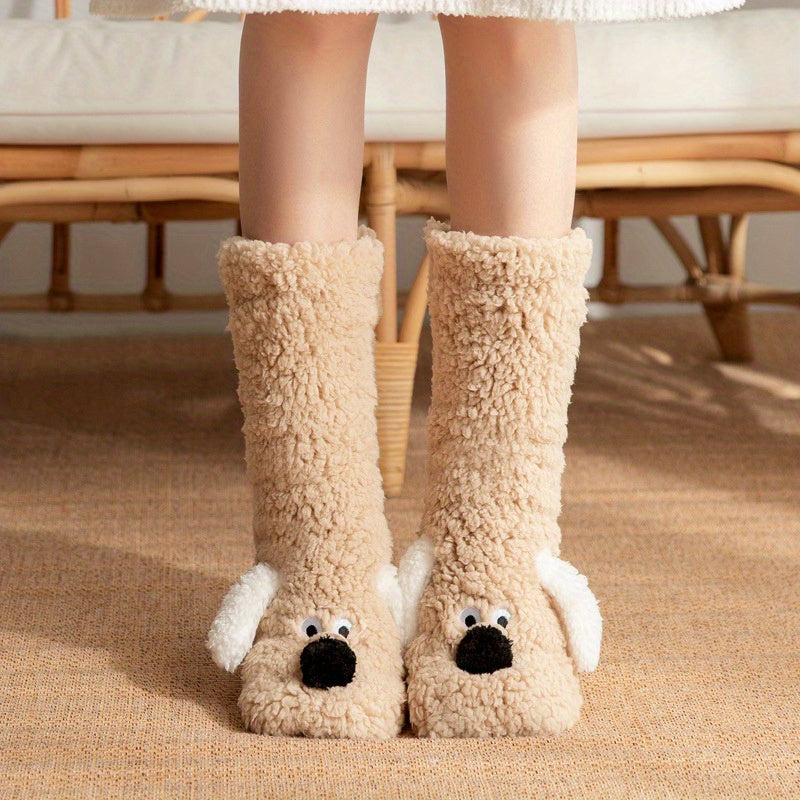 Damen Kuschel Cartoon Hund Wintersocken - Weiche sowie Warme Haussocken mit Niedlichem Tierdesign