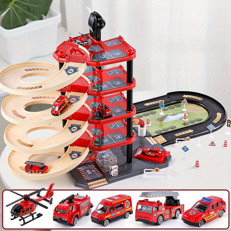 FeuerWacht Garage Spielset – Mehrere Etagen mit Feuerwehrwagen sowie Verkehrsschildern