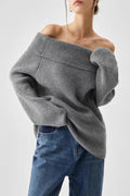 Schulterfreier Pullover mit Strickstruktur in Grau