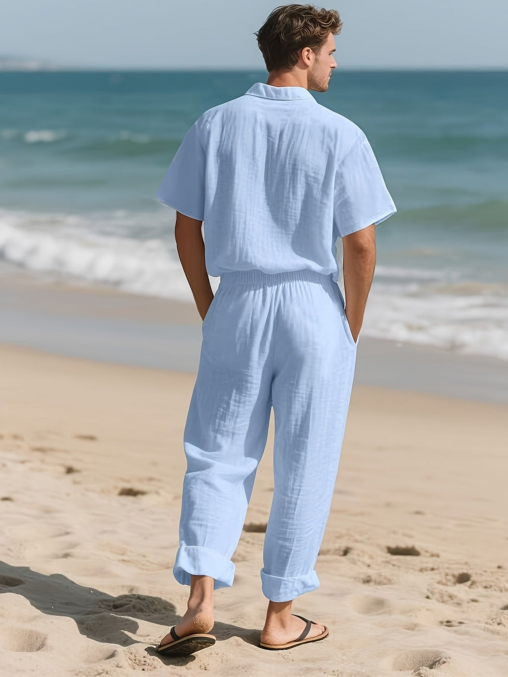Herren Lässig Leinen Set – Bequem und Luftig mit Langer Hose und Kurzen Ärmeln