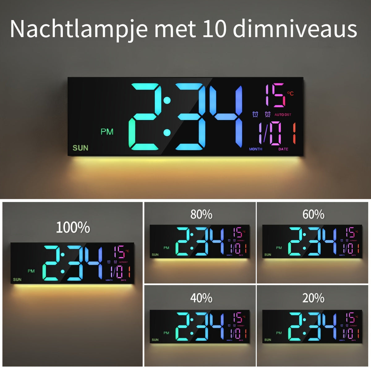LumiWall Digitale Wanduhr – Groß, Farblich sowie Leicht Ablesbar