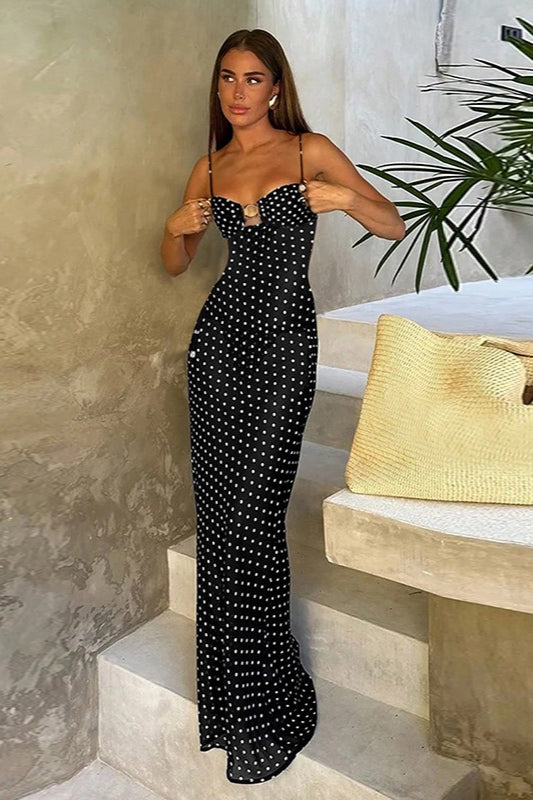 Rückenfreies Maxikleid mit Punktemuster und Spitze