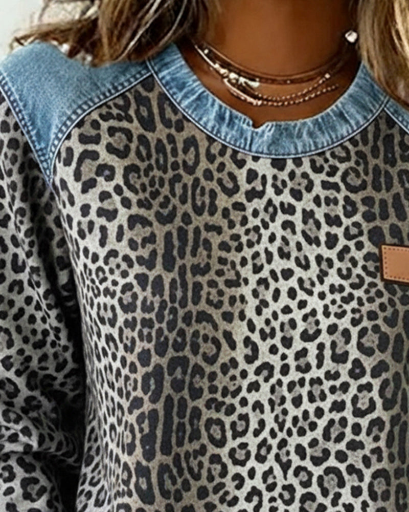 Leopardenmuster Jeans Patchwork Pullover