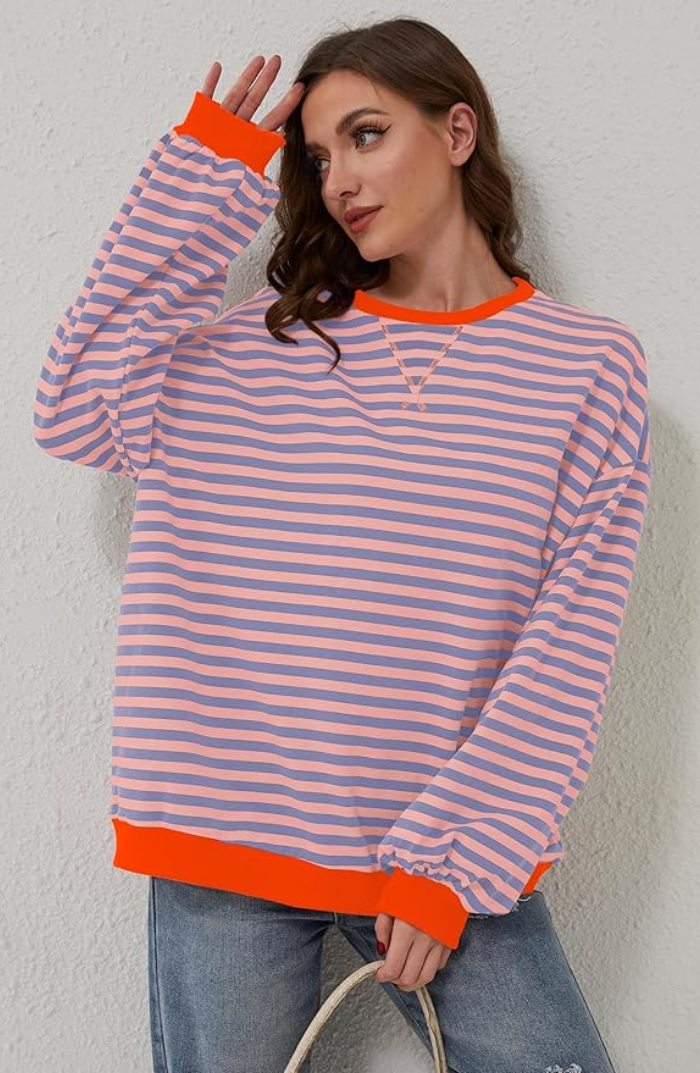 Damen übergroß Gestreifter Pullover mit langen Ärmeln