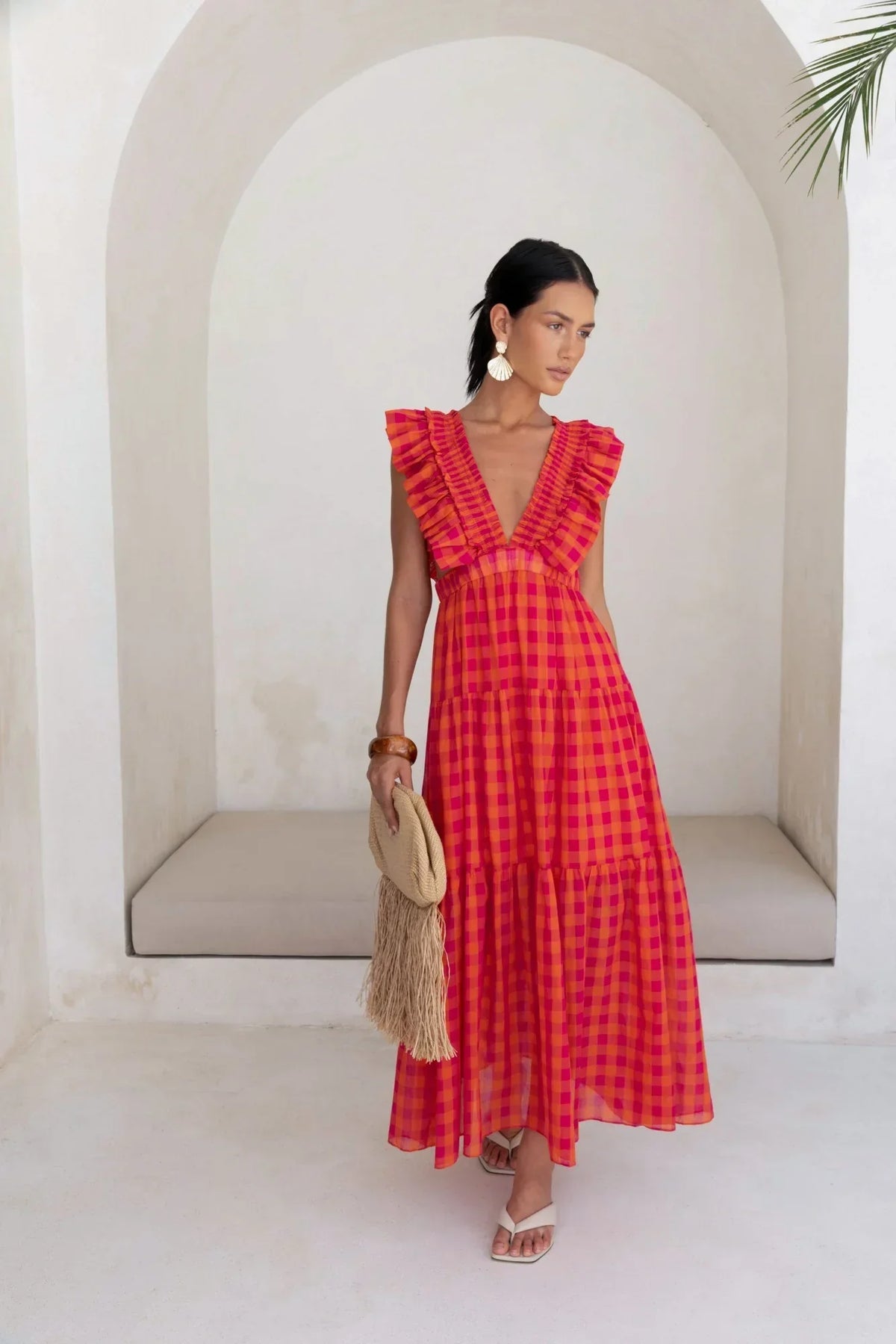 Ärmelloses Maxikleid mit Cut-outs und Karomuster