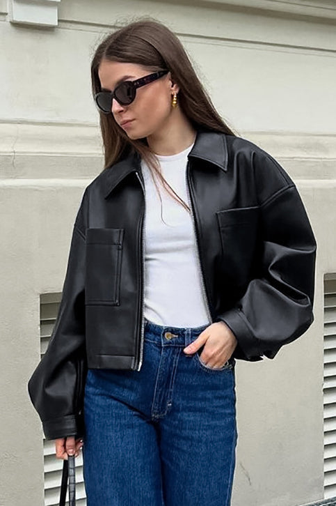 Locker geschnittene Jacke mit Leder in Schwarz