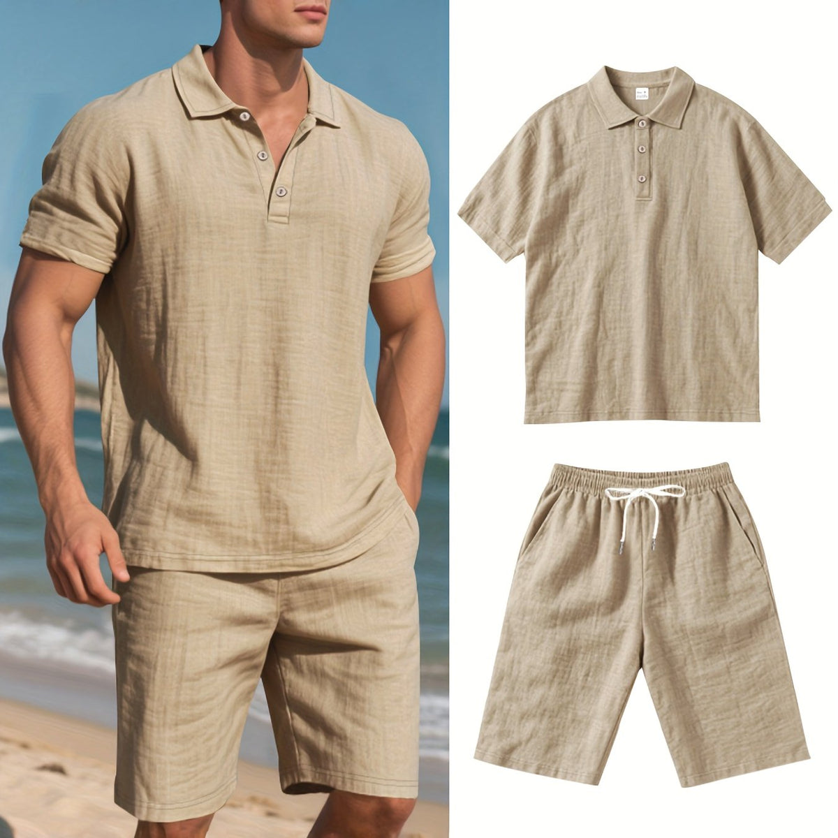 Herren Leinen Polo sowie Shorts Set – Bequem und Lässig für Warme Tage