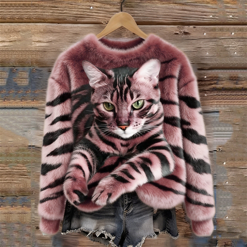 Gemütlicher Plüsch-Pullover mit einem Tiger- und Tabby-Kätzchen-Design