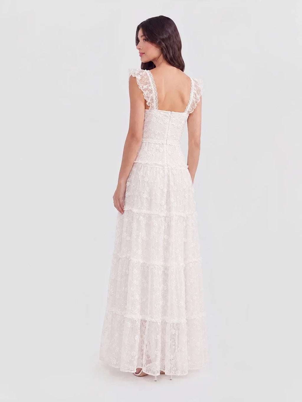 Spitzen-Maxikleid mit eckigem Ausschnitt und Volants