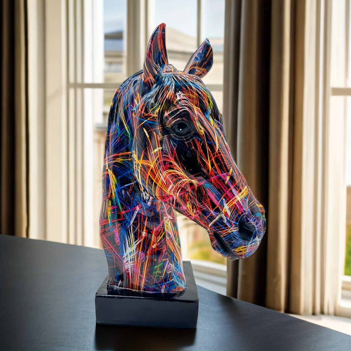 Buntes Pferdekopf-Skulptur: Einzigartige Dekoration für jedes Interieur